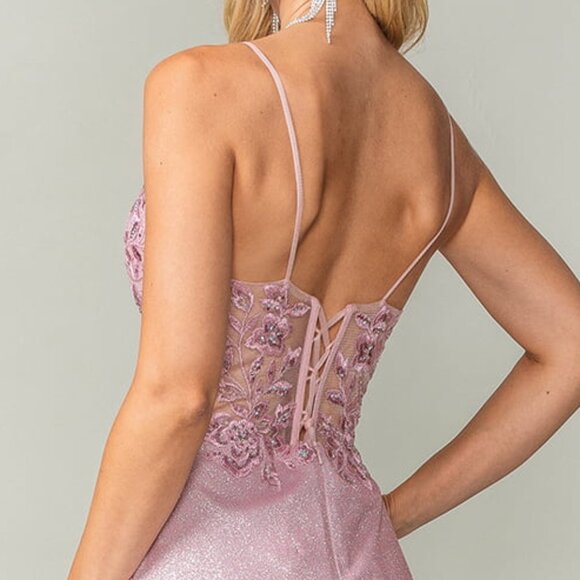 New Floral Lace Embellished Sheath Blush Graduation Gown w/ Lace Up Back DQ 4377 - Picture 7 of 8